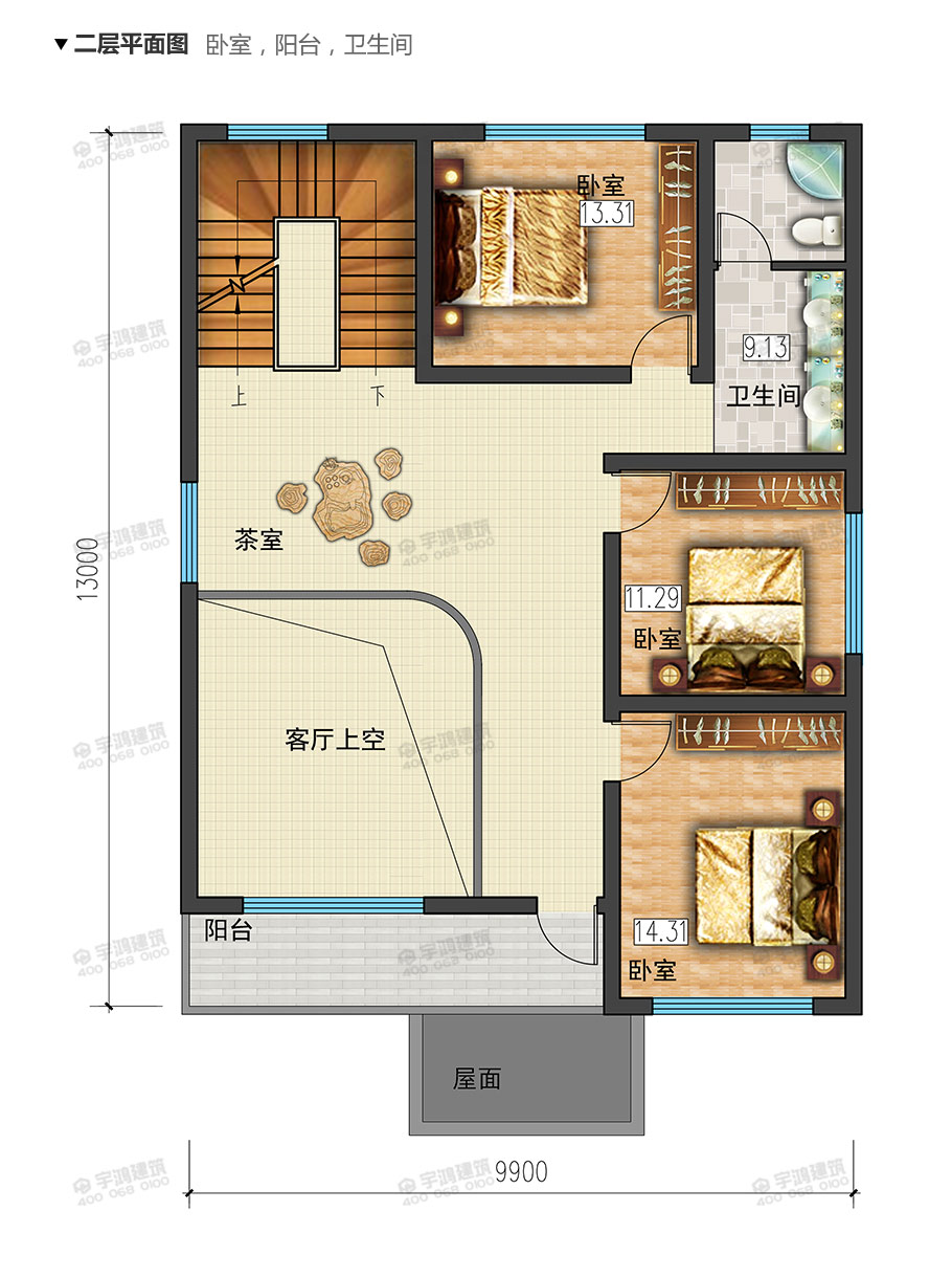 10x13米復式三層農(nóng)村自建房設計圖紙