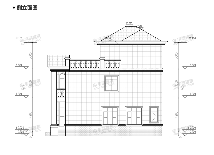 高端大氣三層農村別墅設計圖，帶挑空客廳，框架結構