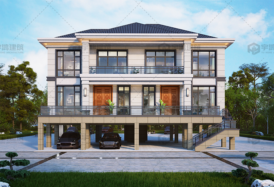 帶架空層二層新中式雙拼別墅全套圖紙